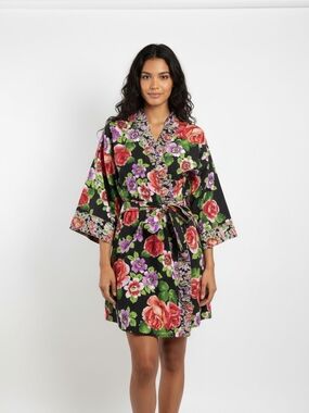 Victoria's Secret Black Satin Floral Kimono Robe with Red & Purple Blooms